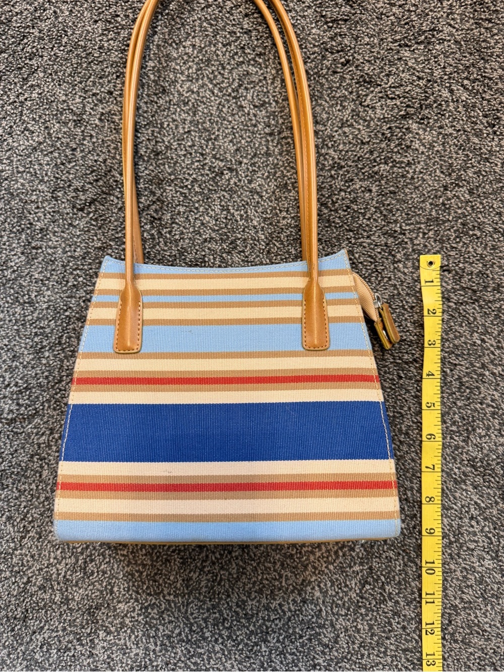 Striped Small Canvas Shoulder Bag Blue Tan Rust Minor Wear Faux Leather Strap - Picture 11 of 16